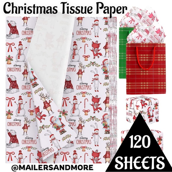 120 Sheets 20” X 14” Merry Christmas Tissue Paper, Fox, Santa, Snowman Bells - Picture 2 of 9